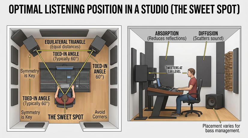 Diagram showing the optimal listening position in a studio — equilateral triangle between speakers and listener, 60-degree toe-in angle, tweeters at ear level, acoustic treatment on walls