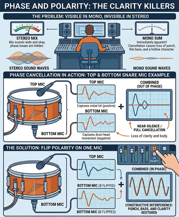 Diagram showing phase cancellation between top and bottom snare microphones — out-of-phase signals cancel each other producing near-silence; flipping polarity on one mic restores constructive interference and full sound