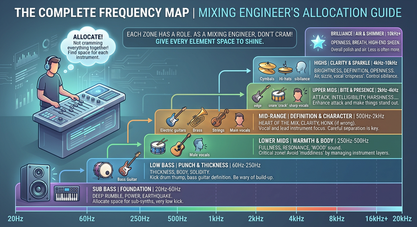 Complete frequency map showing the role of each frequency zone — sub bass 20-60 Hz for foundation, low bass 60-250 Hz for punch and thickness, lower mids 250-500 Hz for warmth and body, mid-range 500 Hz-2 kHz for definition, upper mids 2-4 kHz for presence, highs 4-10 kHz for clarity, and brilliance 10 kHz+ for air and shimmer