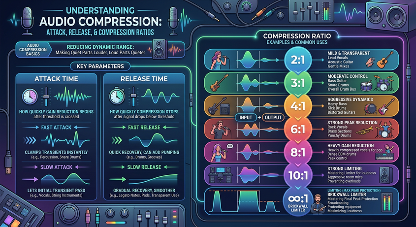 Compression reference diagram showing attack time, release time, and compression ratio guidelines — fast attack clamps transients, slow attack preserves punch; ratios from 2:1 transparent to infinity:1 brickwall limiting with example use cases for each setting